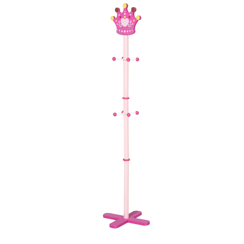 Qaba Kids Coat Rack Free Standing Wooden Tree Hanger with Crown Modeling Design 8 Hooks for Scarves Hats Clothes Bracelets Bags Gift for Toddler Girl Pink