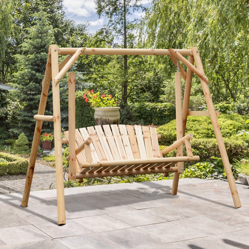 Outsunny Freestanding 6.5’ Wooden Loveseat Traditional Farmhouse Style Log Swing