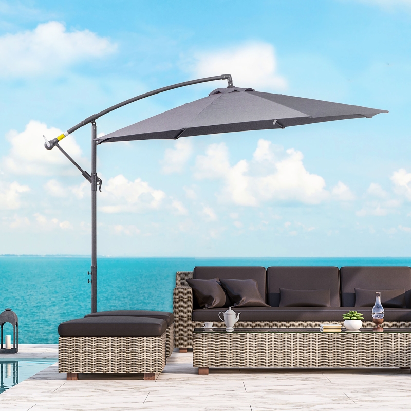 Outsunny 10ft Garden Parasol Sun Shade Patio Banana Hanging Rattan Set Umbrella Cantilever Grey