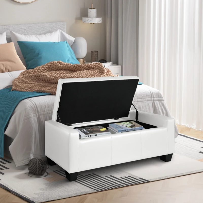 HOMCOM 50.5" Faux Leather Rectangular Tufted Storage Ottoman for Living Room, Entryway, or Bedroom, White