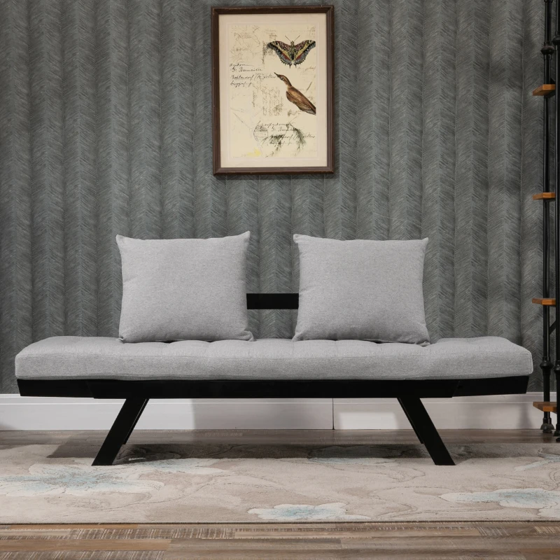 HOMCOM Convertible Sofa Bed Futon Loveseat Living Room with Pillow, Adjustable 3-Position Sofa Bed Soild Wood Frame, Light Grey