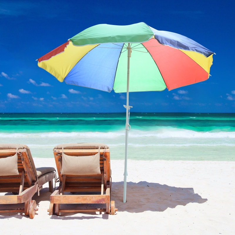 Outsunny 5ft Round Beach Umbrella Outdoor UV Protection Sun Shade Canopy w/ Push Button Tilt Pole Rainbow