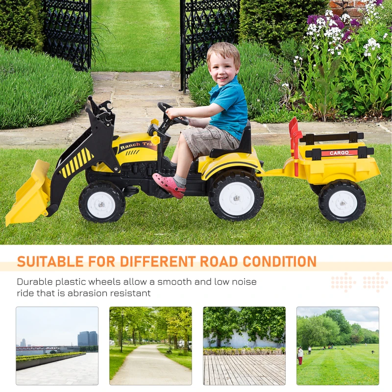 Aosom Front Loader Excavator Ride On Toy Kids Pretend Play Digger Tractor Construction Truck Pedal Control W/ 6 Wheels Controllable Bucket for 3-6 Years old