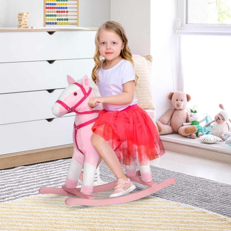 Qaba Kid Plush Rocking Horse Ride-on Baby Girl Toy Pony w/ Realistic Sound Pink