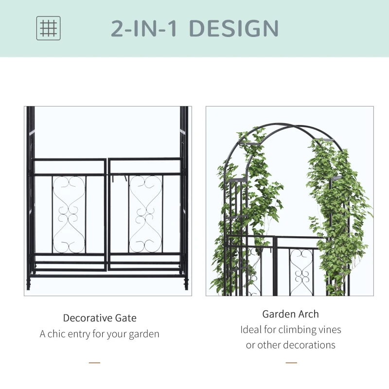 Outsunny 81" Steel Garden Arch with Gate Outdoor Courtyard Arbor for Climbing Vine Plants Lawn Backyard Decoration Dark Grey