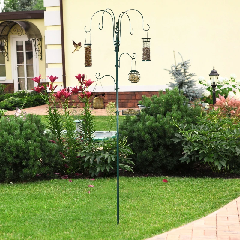 PawHut 6 Hook Feeding Station, Steel Multi-Feeder Kit Stand with 4 Bird Feeders, Mesh Tray, Water Dish and 4-Prong Base, Green