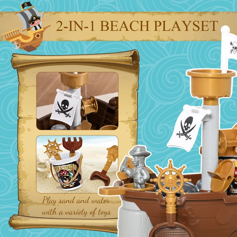 Qaba Pirate Ship Theme Sand and Water Table Beach Toy Set 2 in 1 Outdoor Activities Playset for Kids with Accessories 26 Pcs Garden Sandpit Sandbox for Beach Bath 3 Years Old Toddlers