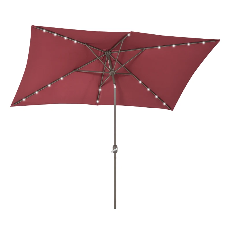 Outsunny 6.5x10ft Patio Umbrella Rectangle Solar Powered Tilt Aluminum Outdoor Market Parasol with LEDs Crank (Wine Red)