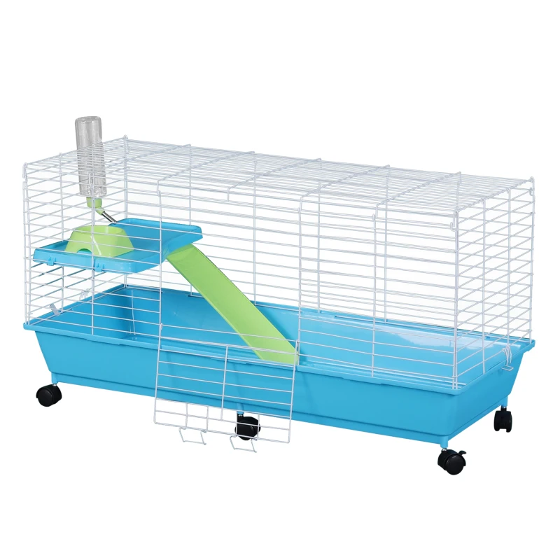 PawHut Small Animal Cage Pet Rabbit Guinea Pig Home Habitat Hutch Play House Rolling with 6 universal wheels, water bottle, ramp, food dish,  White/Blue
