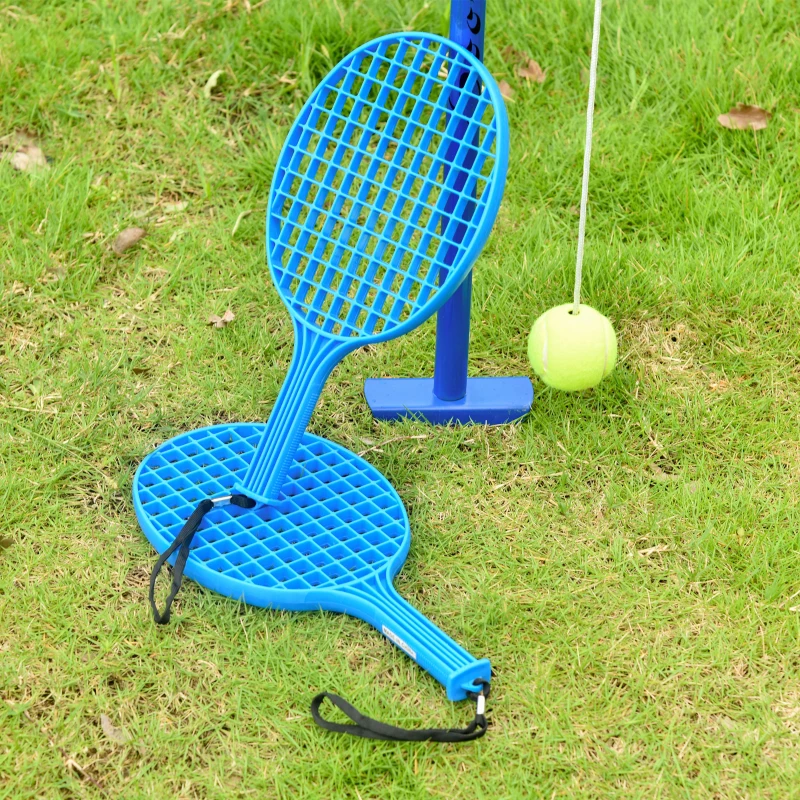 Soozier Rope Ball Tether Swing Game-Complete Set Outdoor Tennis Training Set w/ Height Adjustable Steel Pole，Tennis Ball & Two Tennis Rackets for Kids and Adults, Blue