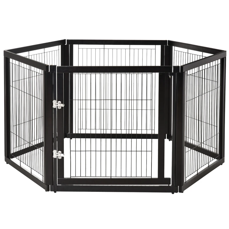 PawHut Transformable Pet Playpen 6 Freestanding Panels Gate Fireplace Christmas Tree Fence Stair Barrier Room Divider with Walk Through Door Wooden Frame Metal Mesh Black 63'' x 54.5'' x 31.5''