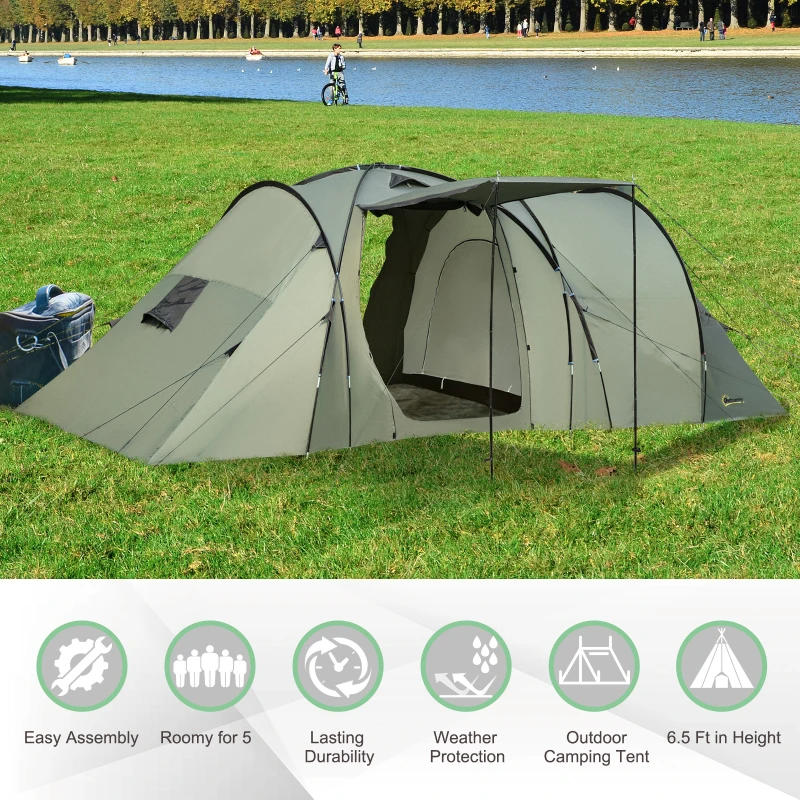 Outsunny Camping Family Tent 5-Person 2 Room with Carrying Bag Waterproof Rainfly Easy Set Up for Backpacking Hiking Outdoor 19' x 8.5' x 6.5'