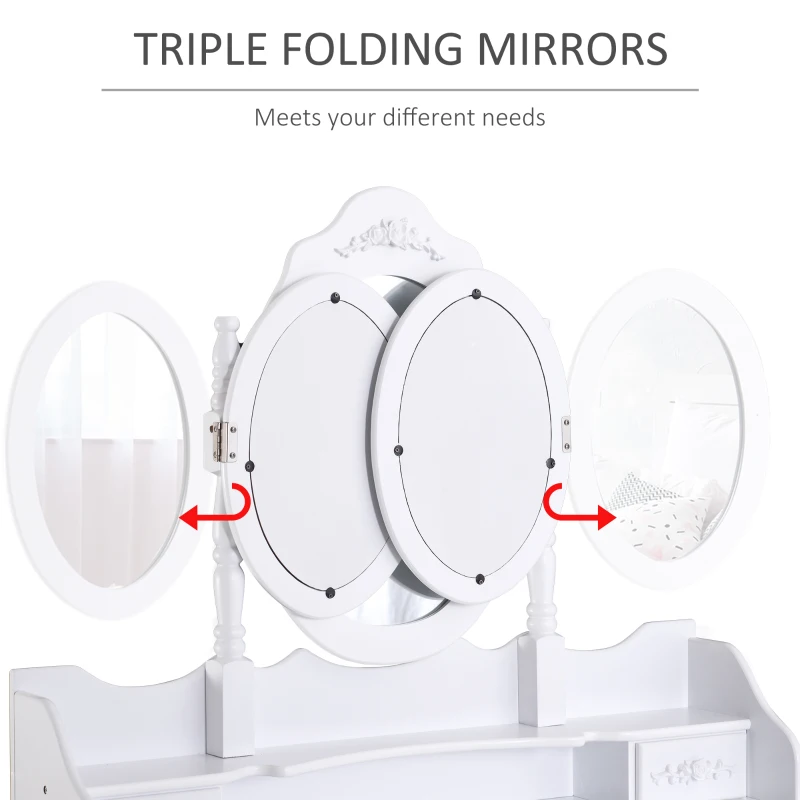 HOMCOM Makeup Dressing Table Vanity Set with Tri-Folding Mirror, 7 Drawers, Cushioned Stool