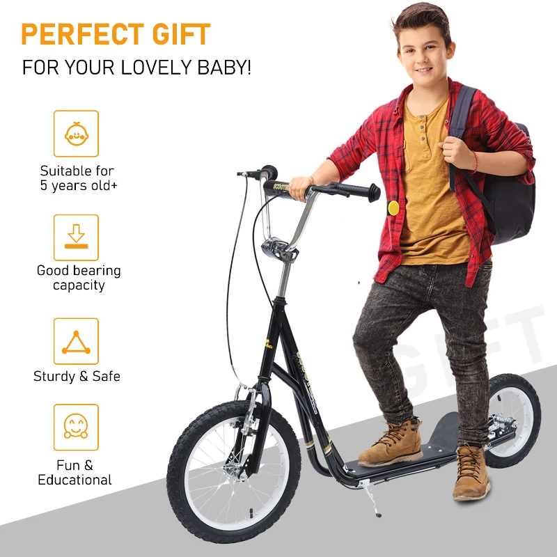 HomCom Adjustable Teen Kick Scooter Child Pro Stunt Scooter Ride On Speeder Kids Street  Bike 16" Inflatable Tire Black