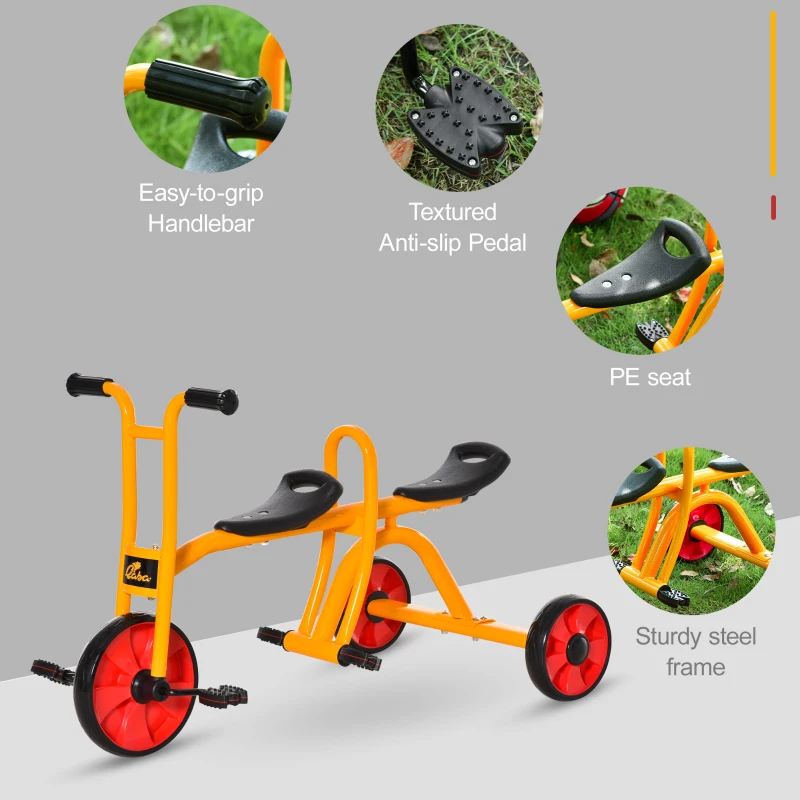 Qaba Kids Tandem Tricycle 3 Wheels Toddler Bike Trike Baby Boys Girls w/ Double Seats Outdoor & Indoor for 3-5 Years Old Yellow