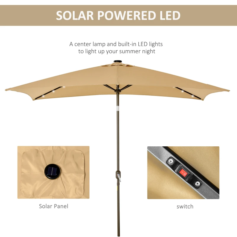Outsunny 6.5x10ft Patio Umbrella Rectangle Solar Powered Tilt Aluminum Outdoor Market Parasol with LEDs Crank (Light Coffee)
