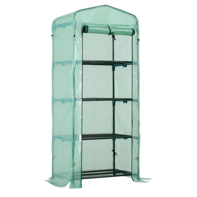 Outsunny 28" x 20" x 63" Portable Greenhouse with 4 Tier Shelves Outdoor Hot House Plant Flower Greenhouse, Steel Frame, PE Cover, Green