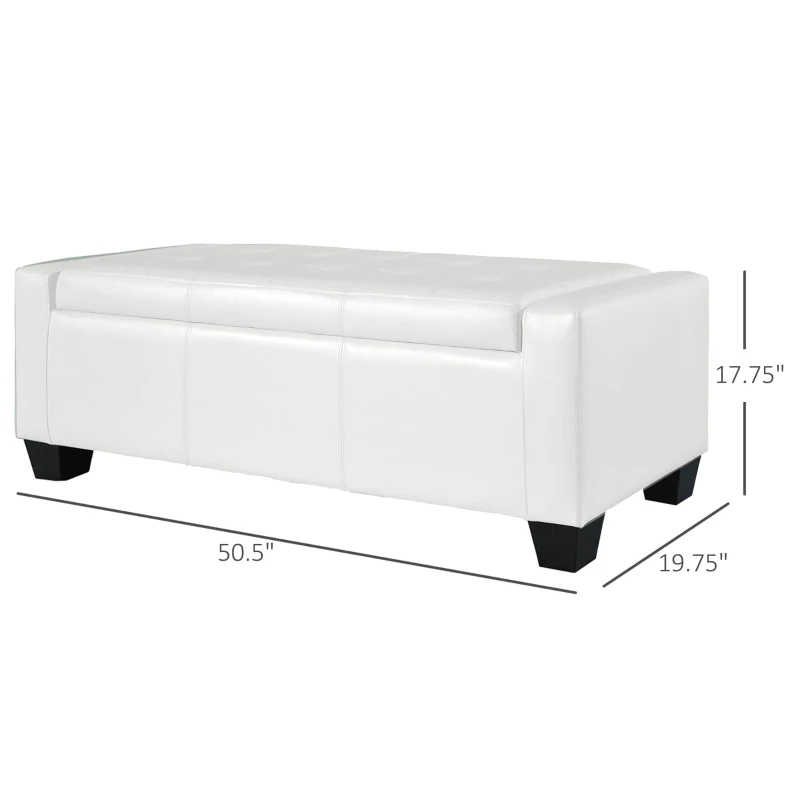 HOMCOM 50.5" Faux Leather Rectangular Tufted Storage Ottoman for Living Room, Entryway, or Bedroom, White