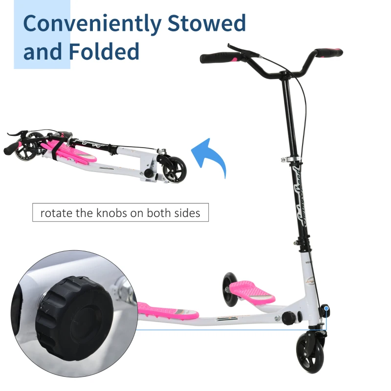 Qaba Kids/Adult Drifting Scooter 3 Wheels Scooter Foldable Child Tri Speeder Slider Swing Drifter Winged Push Motion Kickboard Height Adjustable for Age 6+ Pink