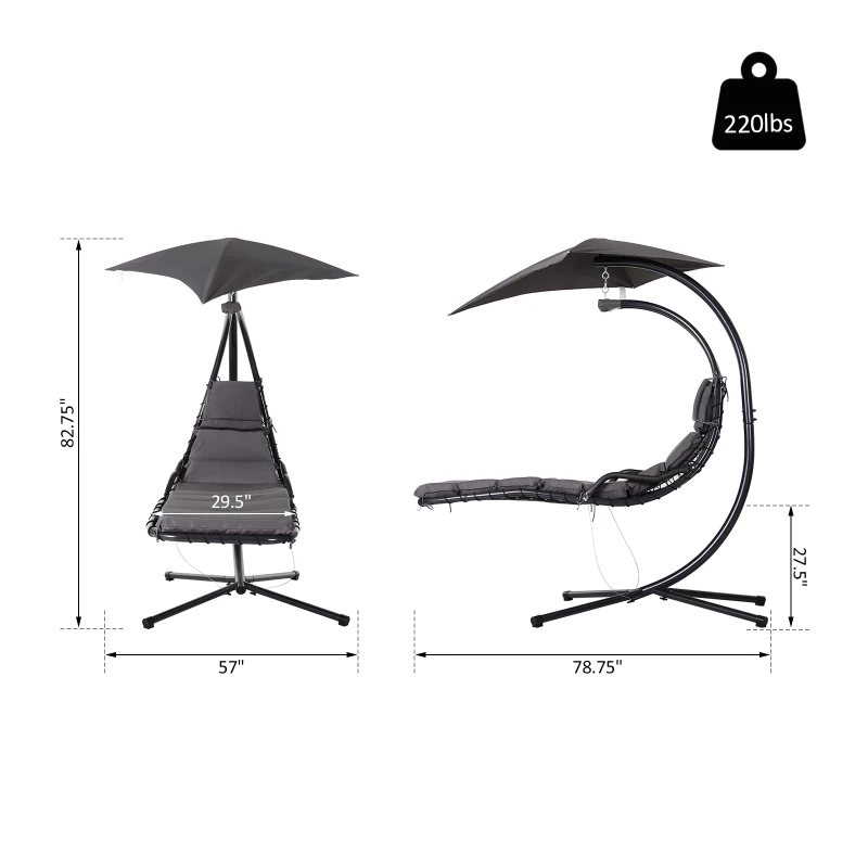 Outsunny Single Floating Chaise Lounge Curved Outdoor Porch Swing Chair Hanging Hammock Reclining Seat w/Arc Stand & Canopy Grey