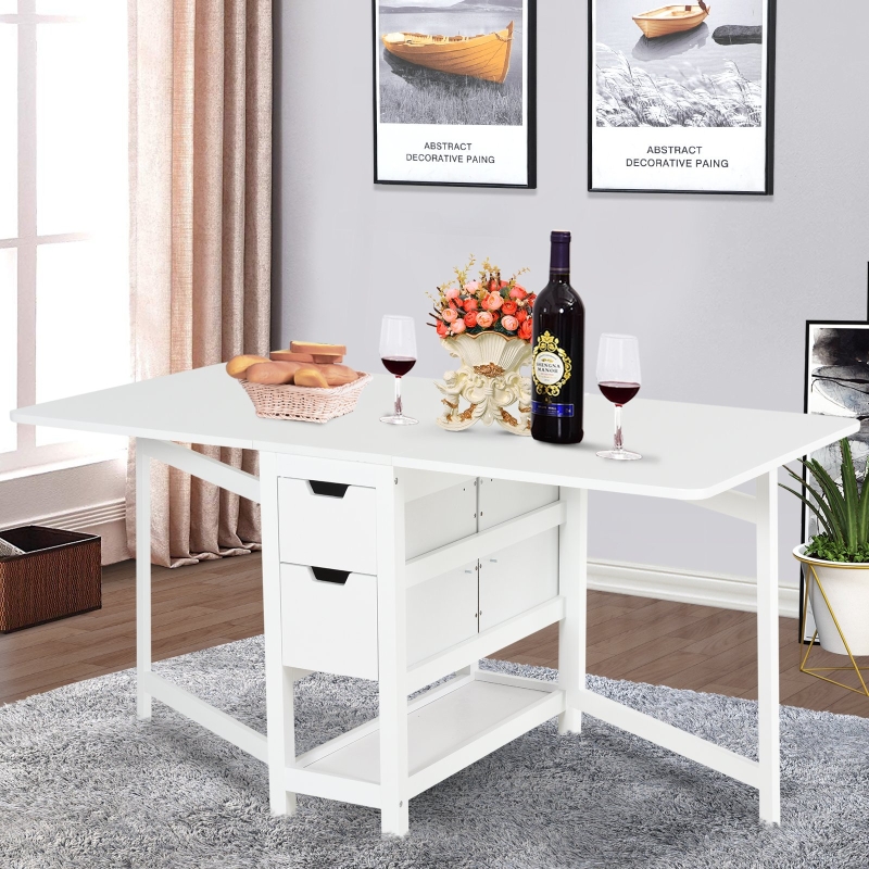 HOMCOM 59" L Expandable Foldable Dining Table with 2 Drawers and Bottom Storage Shelf, White