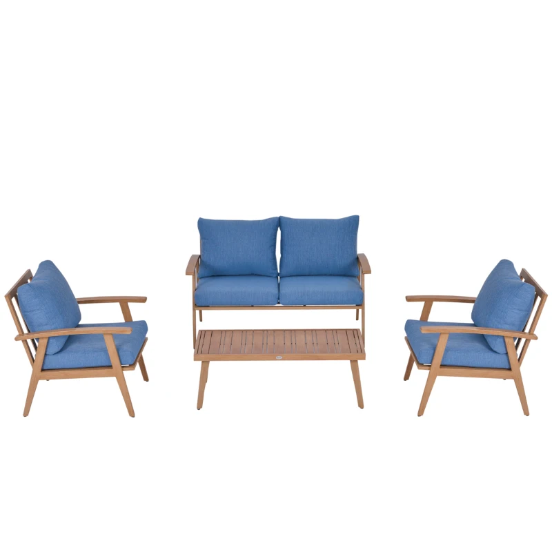 Outsunny 4-Piece Patio Furniture Set Outdoor Conversation Set with Coffee Table Loveseat Blue Cushions Aluminium Frame