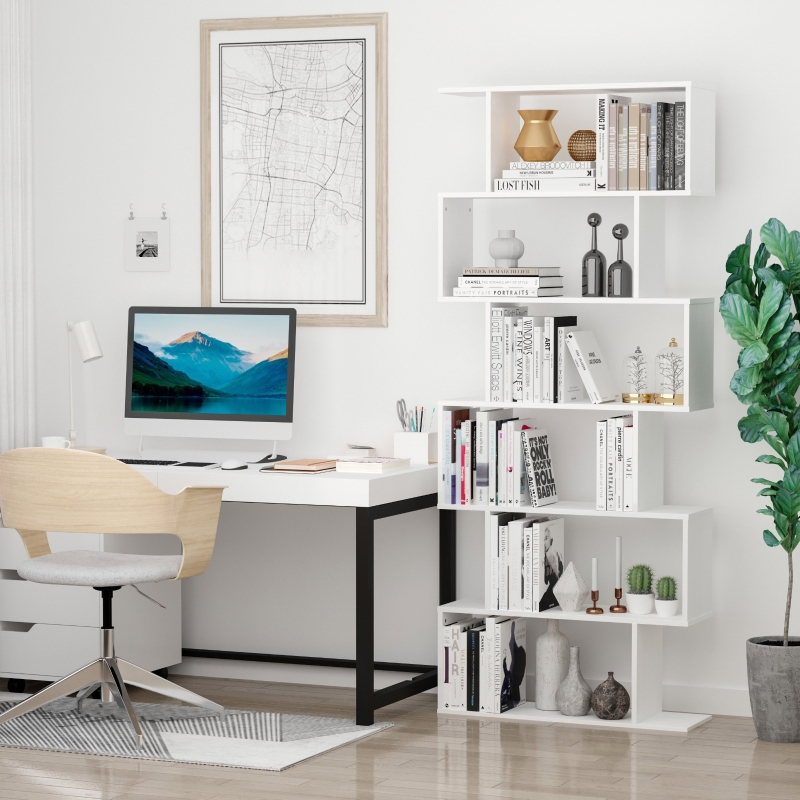 HOMCOM 6-Tires Wooden Bookcase S Shape Storage Display Unit Home Divider Office Furniture White