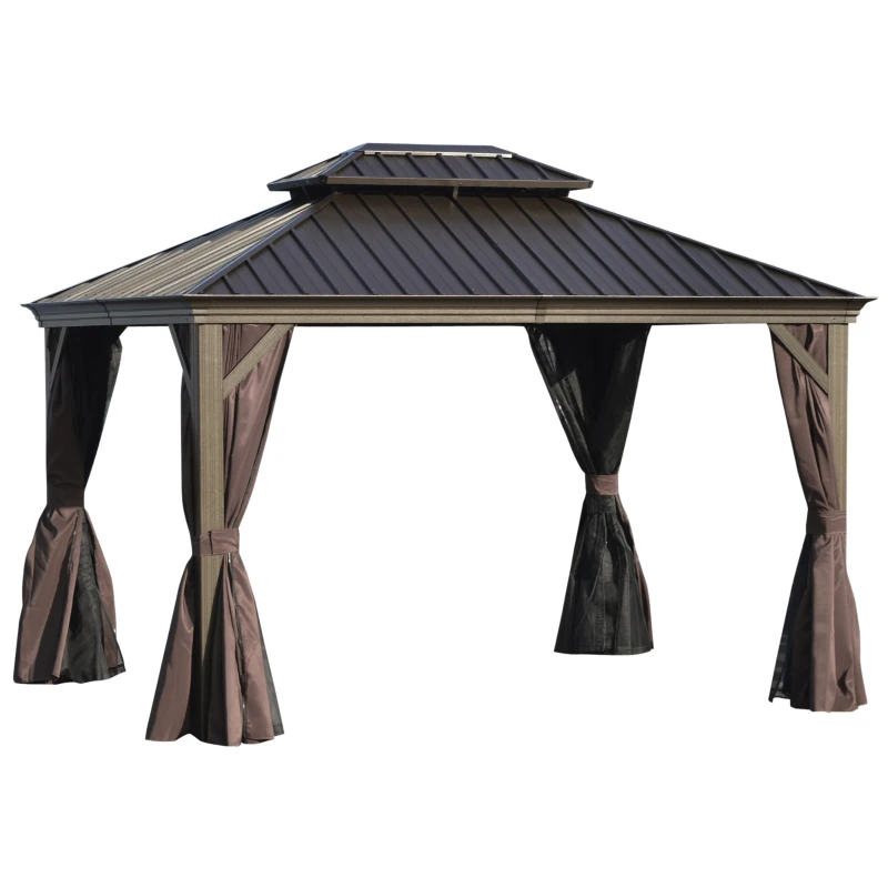 Outsunny 10' x 12' Outdoor Hardtop Gazebo with Galvanized Steel Canopy & Netting Sidewalls for Lawn, Backyard, Brown