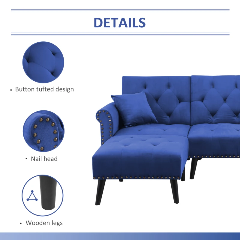 HOMCOM Modern Fabric Sectional Sofa Bed Set, Double Sofa and Chaise Lounge with Adjustable Backrest and 2 Removable Cushions, for Living Room Waiting Room, Blue