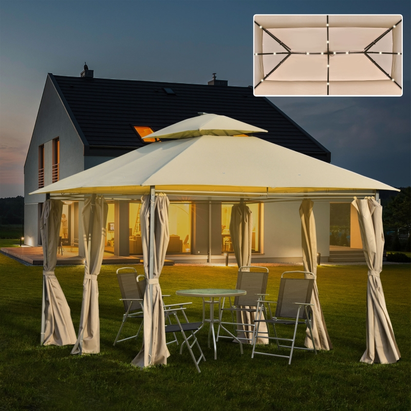 Outsunny 13' x 10' Outdoor Patio Gazebo Canopy with LED Solar Light, Double Tier Roof, Curtains, Steel Frame, Khaki