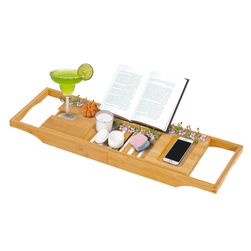 HOMCOM Bamboo Table, Caddy Shower Bath Shelf Bathtub, Expandable Luxury Tray Holder, for Soap Book Phone