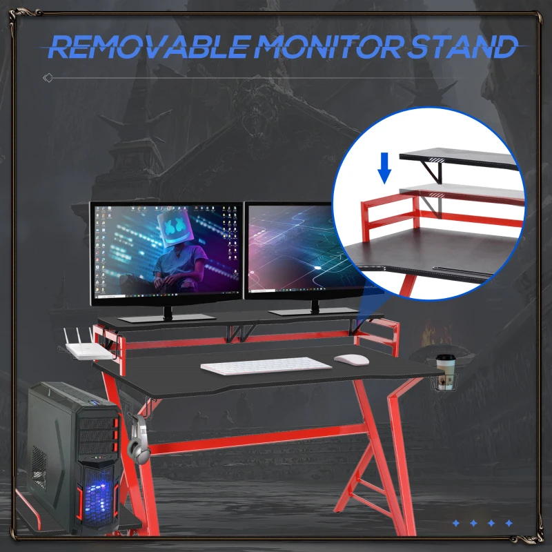 HOMCOM 47 inch Gaming Desk, Computer Table Workstation with Monitor Stand, Cup Holder, Headphone Hook & CPU Stand for Home Office, Black & Red