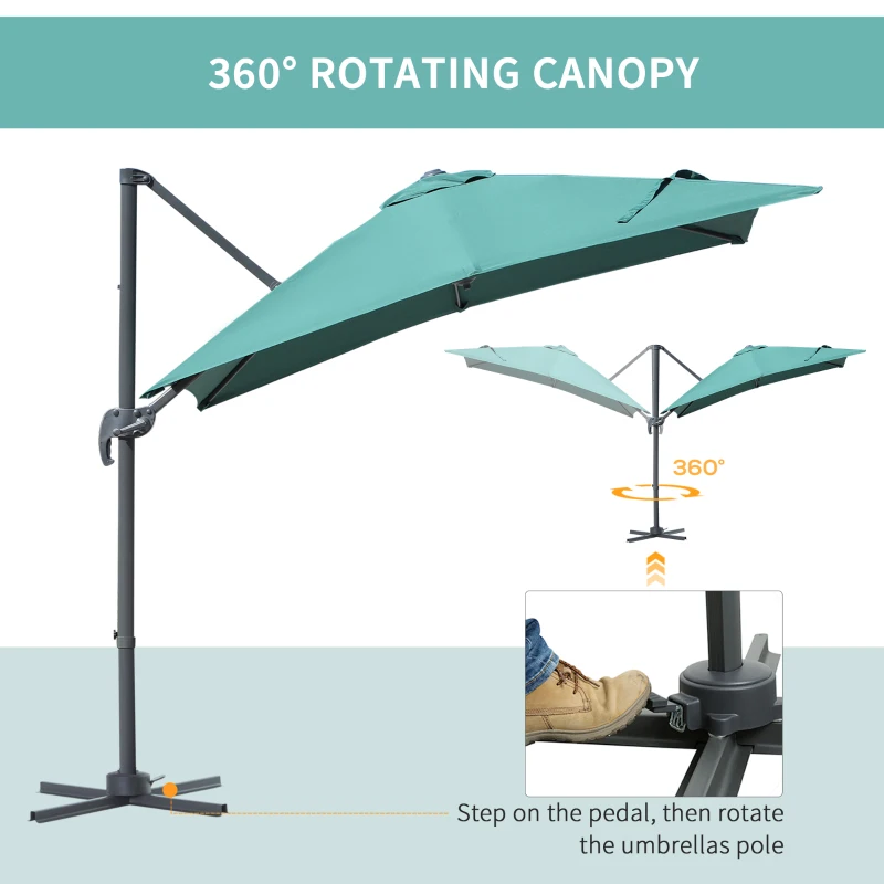 Outsunny 8' x 8' Square Patio Hanging Offset Umbrella Aluminum Outdoor Cantilever Crank Market Parasol Garden Sun Canopy Shelter 360° Rotation w/Cross Base Green