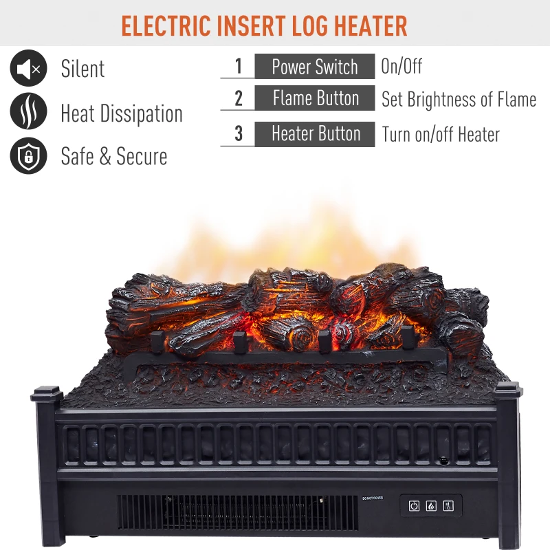 HOMCOM Electric Fireplace Insert with Realistic Log Flame Effects, Electric Log Fireplace with Glowing Ember Bed and Remote Control, 4777 BTU, Black