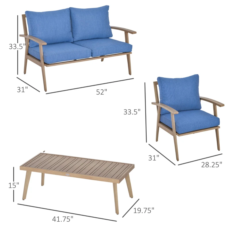 Outsunny 4-Piece Patio Furniture Set Outdoor Conversation Set with Coffee Table Loveseat Blue Cushions Aluminium Frame