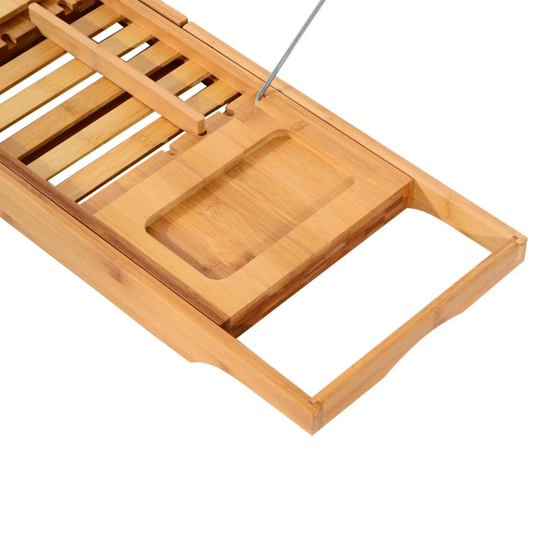 HOMCOM Bamboo Table, Caddy Shower Bath Shelf Bathtub, Expandable Luxury Tray Holder, for Soap Book Phone