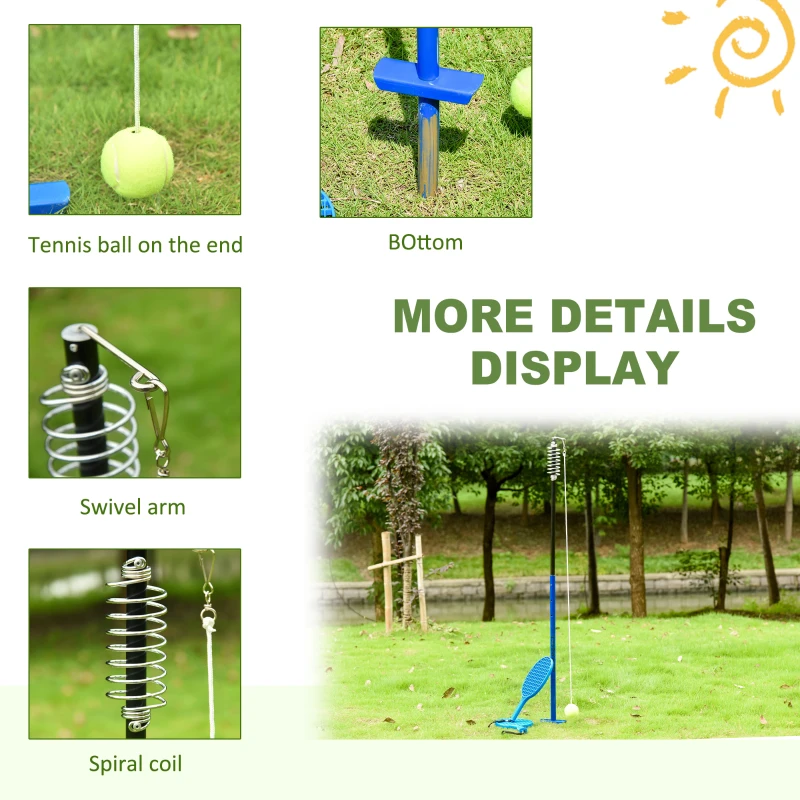 Soozier Rope Ball Tether Swing Game-Complete Set Outdoor Tennis Training Set w/ Height Adjustable Steel Pole，Tennis Ball & Two Tennis Rackets for Kids and Adults, Blue
