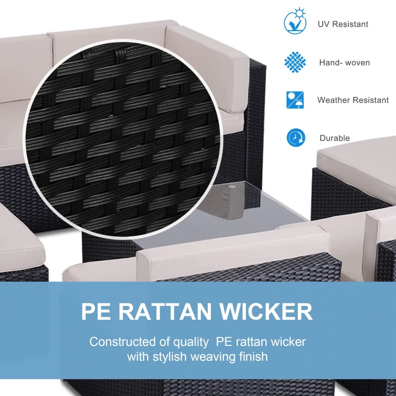 Outsunny 7 Pieces Patio Furniture Set, Outdoor Garden Sofa Set Sectional Set All Weather Rattan Conversation Set, Black Khaki