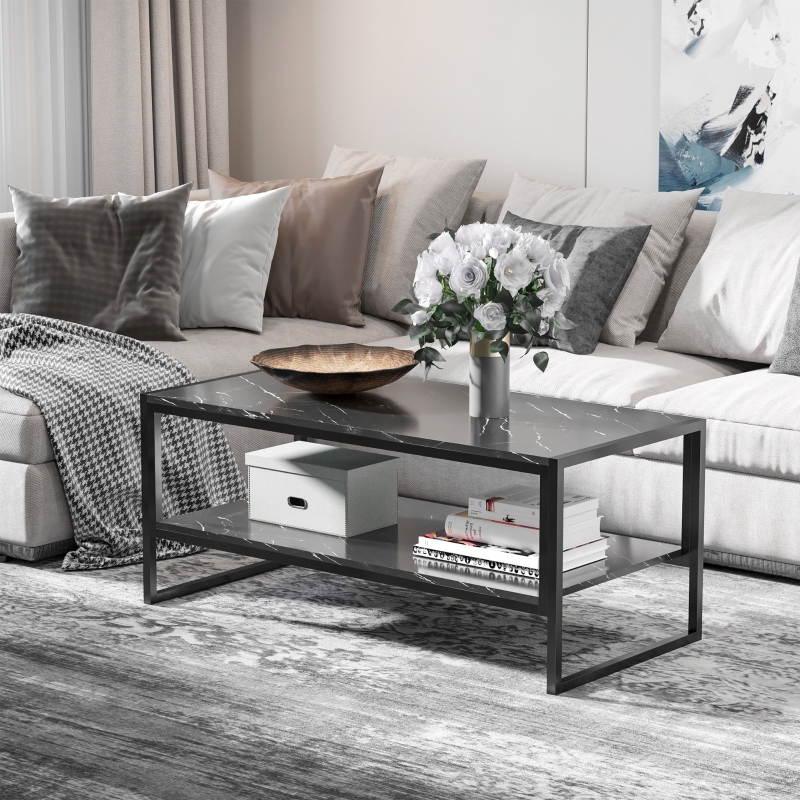 HOMCOM 2-Tier Coffee Table Cocktail Table with Extra Storage Shelf, Laminate Marble Print Table Top Side Table, for Living Room Bedroom Dorm, Black