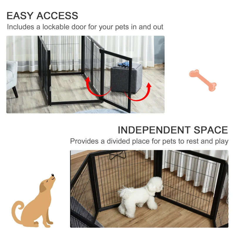 PawHut Transformable Pet Playpen 6 Freestanding Panels Gate Fireplace Christmas Tree Fence Stair Barrier Room Divider with Walk Through Door Wooden Frame Metal Mesh Black 63'' x 54.5'' x 31.5''