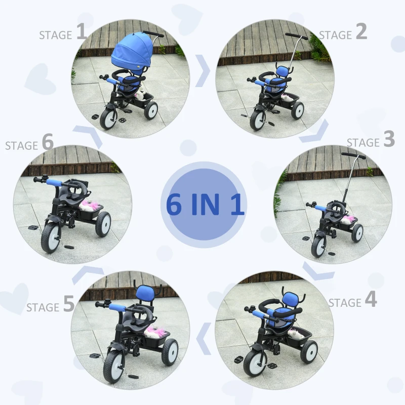 Qaba Baby Tricycle 2 In 1 Baby Stroller Kid Trike with Adjustable Canopy Blue