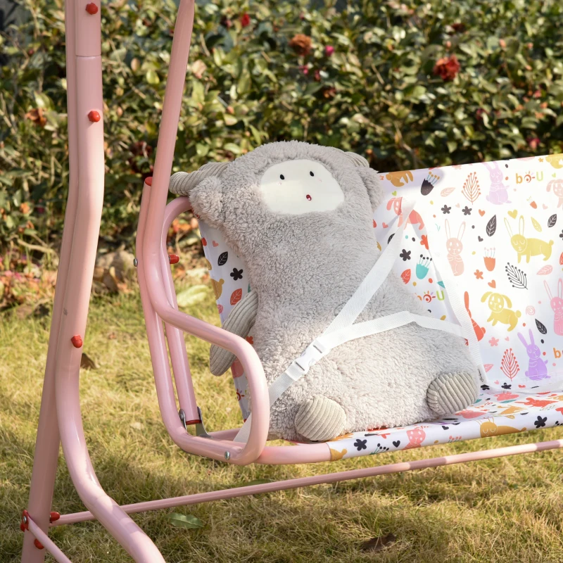 Outsunny Kids Porch Swing, Outdoor 2-Seat Patio Chair, Toddler Glider with Adjustable Canopy, Seat Belt for Garden Backyard Rabbit Pattern
