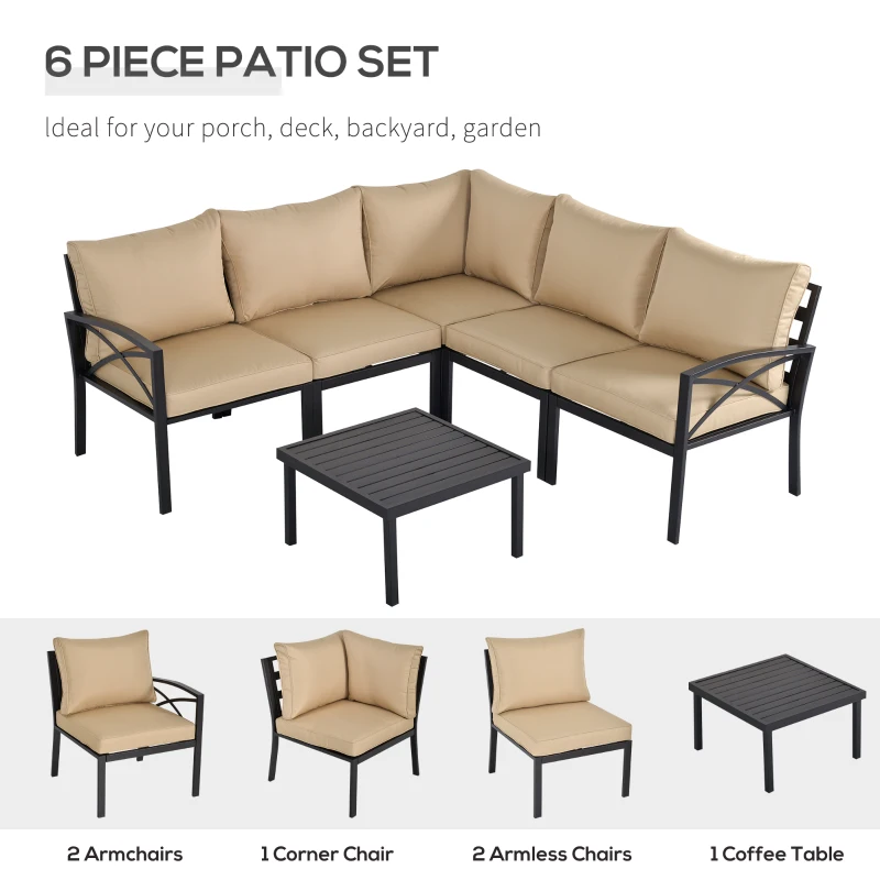 Outsunny 6-Piece Patio Furniture Set L-Shape Corner Sectional Sofa Set with Coffee Table Cushions Beige