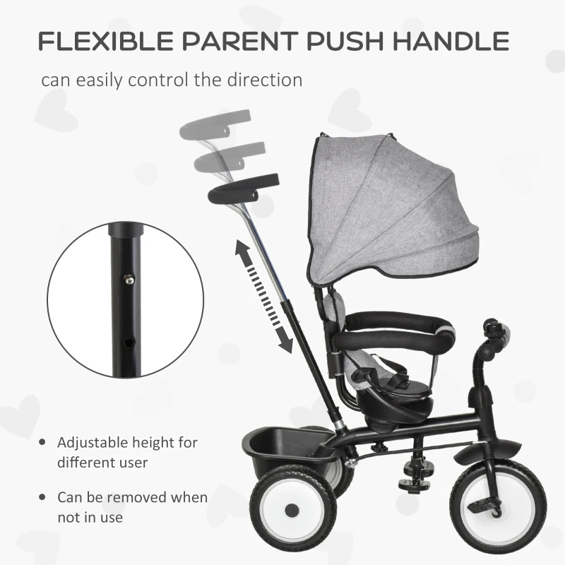 Qaba Baby Tricycle 2 In 1 Baby Stroller Kid Trike with Adjustable Canopy Grey