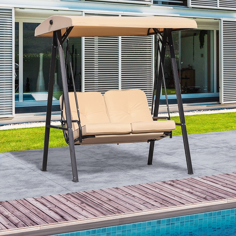 Outsunny 2 Seater Covered Outdoor Swing Chair Hammock Bench with Cushion Tilt Canopy Beige