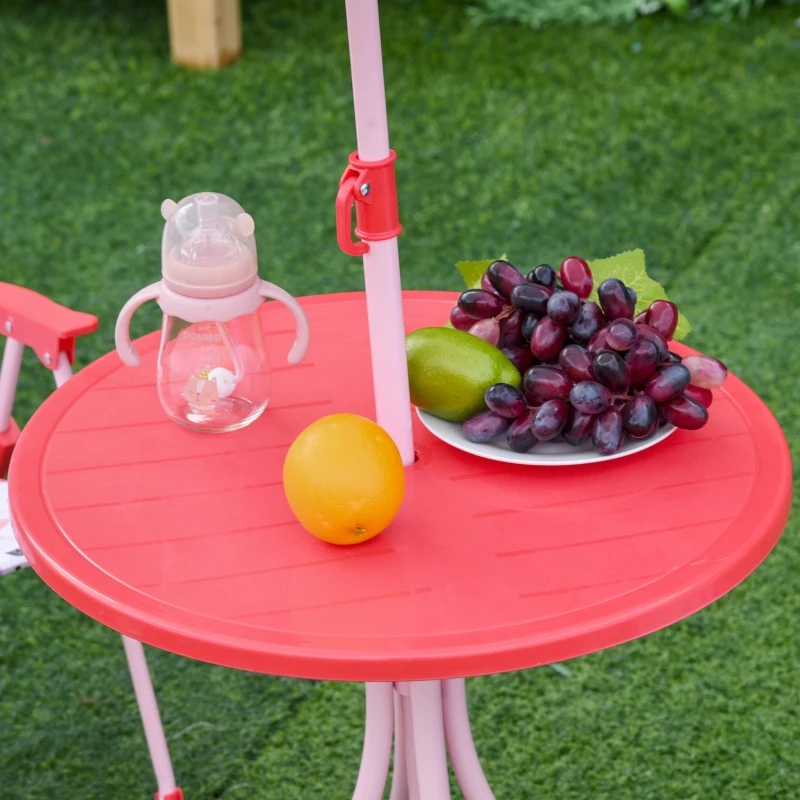 Outsunny Kids Folding Picnic Table and Chairs Set Rabbit Pattern for Outdoor Garden Patio Backyard with Removable & Height Adjustable Sun Umbrella, Red