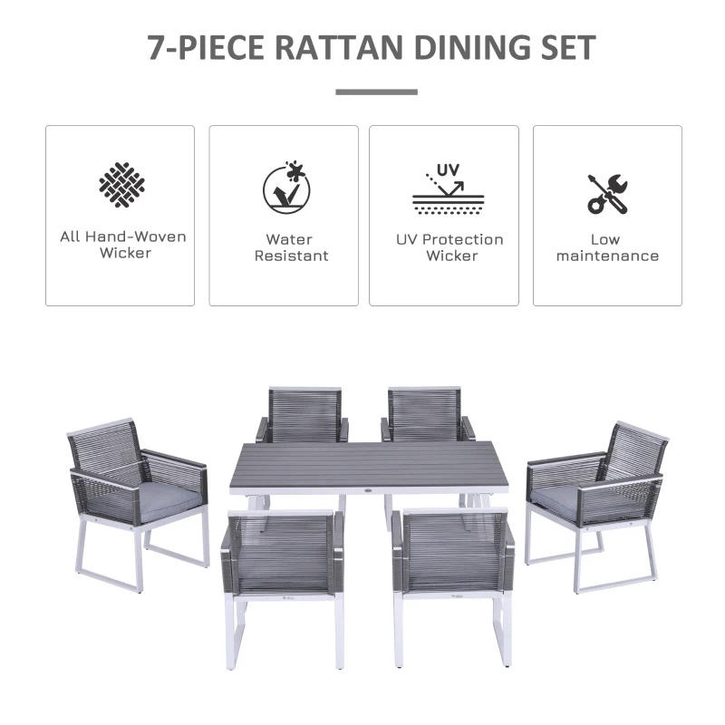 Outsunny 7 PCS Dining Set with 6 PE Rattan Cushioned Chairs & 1 Rectangle Table, Modern Outdoor Patio Furniture for Poolside, Porch, Patio, Balcony, Indoor