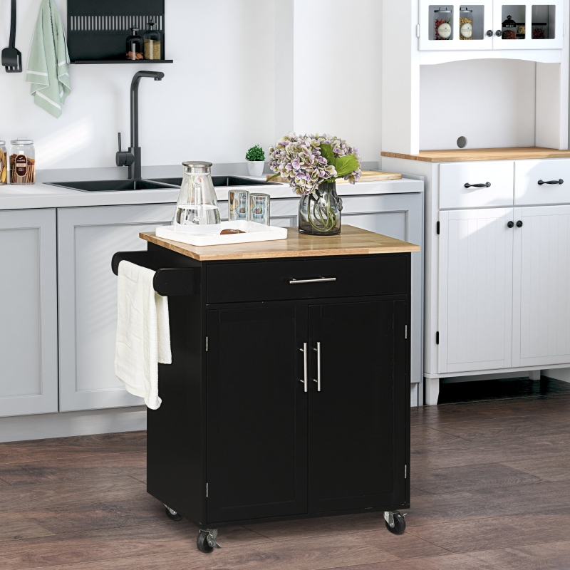 HOMCOM Wooden Kitchen Large Storage Island on 360° Swivel Wheels Cart with Drawer, Interior Cabinet & Towel Rack, Black