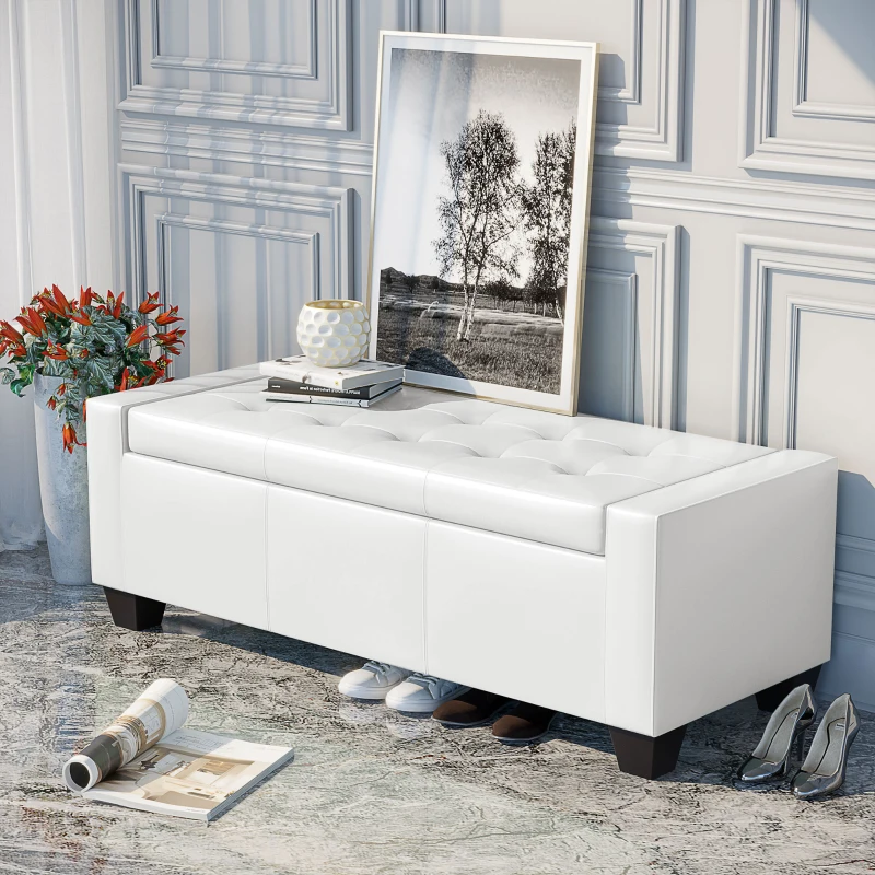 HOMCOM 50.5" Faux Leather Rectangular Tufted Storage Ottoman for Living Room, Entryway, or Bedroom, White