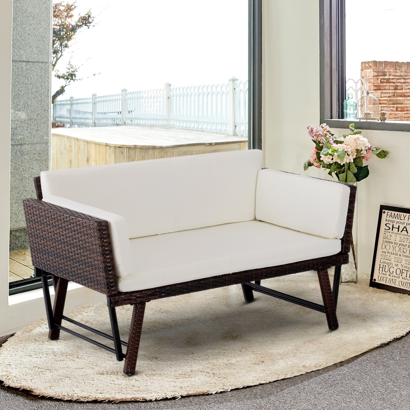 Outsunny Convertible Rattan Sofa Bed Chaise Lounge Wicker Loveseat Armchair Double Seat with Cushion All Weather Patio Furniture Brown